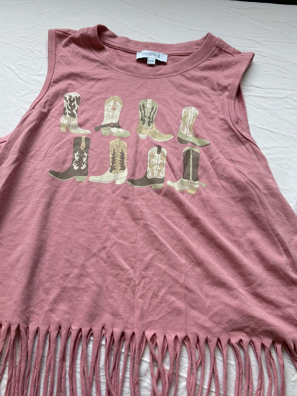 Dusty Rose Fringe Tank Top with Cowboy Boot Graphic